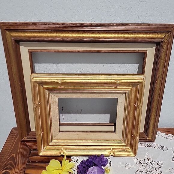Pair Vtg MCM Wood Art Frames Linen Liner holds 9x12 & 5 x7 no glass Gallery Wall - Picture 15 of 15